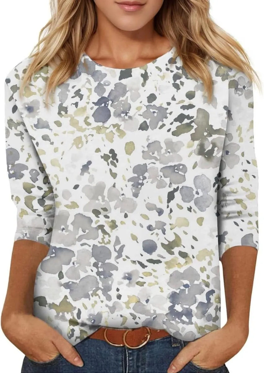 3/4 Sleeve Tops for Women Dressy Casual Blouses Fall Fashion Ethnic Graphic Crew Neck Tunic T Shirts