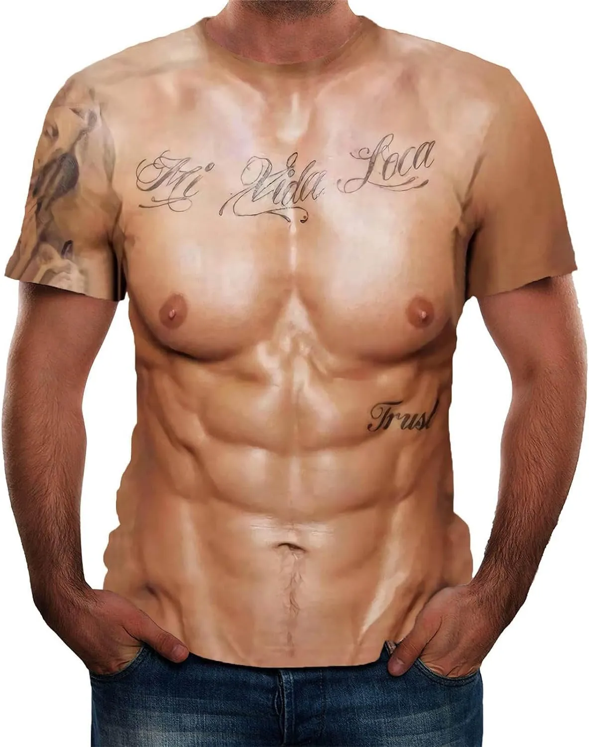 3D Fake Abs Muscle T Shirts Funny Shredded Chest Graphic Casual Short Sleeve Novelty Tees Shirt Costume Gift