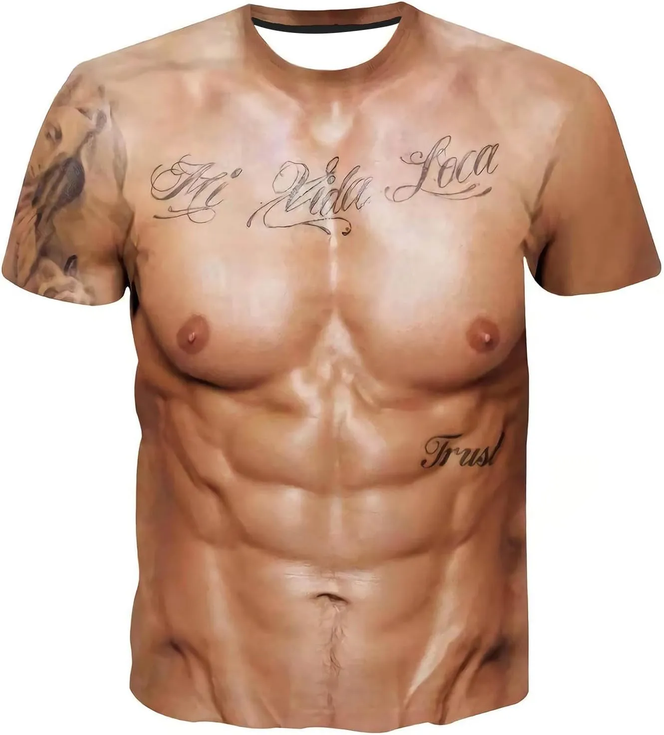 3D Fake Abs Muscle T Shirts Funny Shredded Chest Graphic Casual Short Sleeve Novelty Tees Shirt Costume Gift