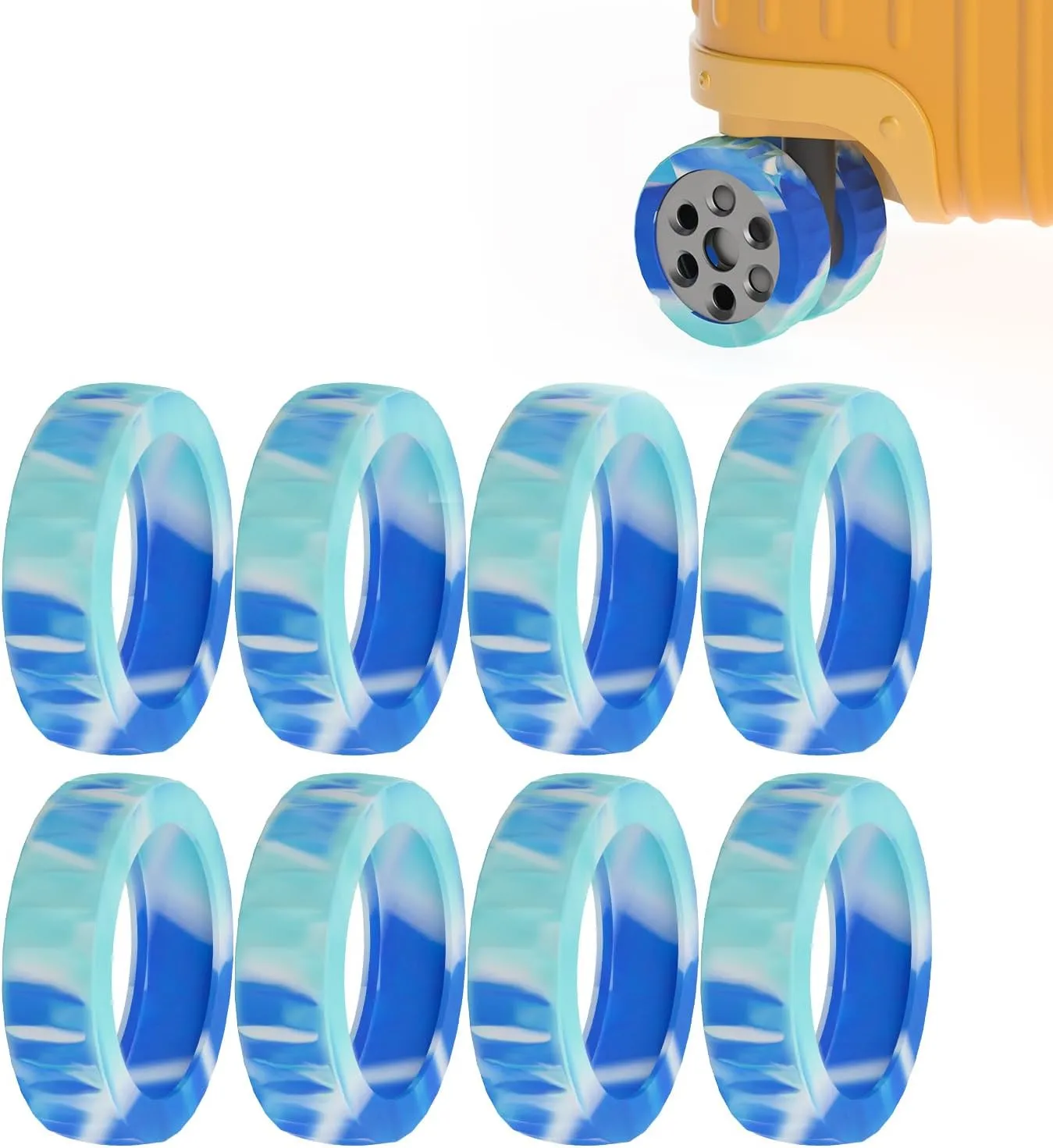 8 Pcs Luggage Wheel Protector Set - Shockproof Silicone Covers for Carry-on Luggage Wheels, Reduce Noise and Scratches (Blue Camouflage)