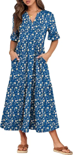 ANRABESS Women's Casual Summer Ruffle Short Sleeve T Shirts Maxi Dress 2025 Spring V Neck Flowy Tiered Boho Beach Dresses