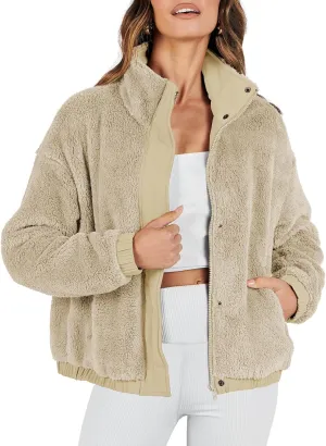 ANRABESS Womens Fleece Jacket Casual Long Sleeve Cropped Sherpa Button Down Fuzzy Warm Coats Fall Outwear With Pockets