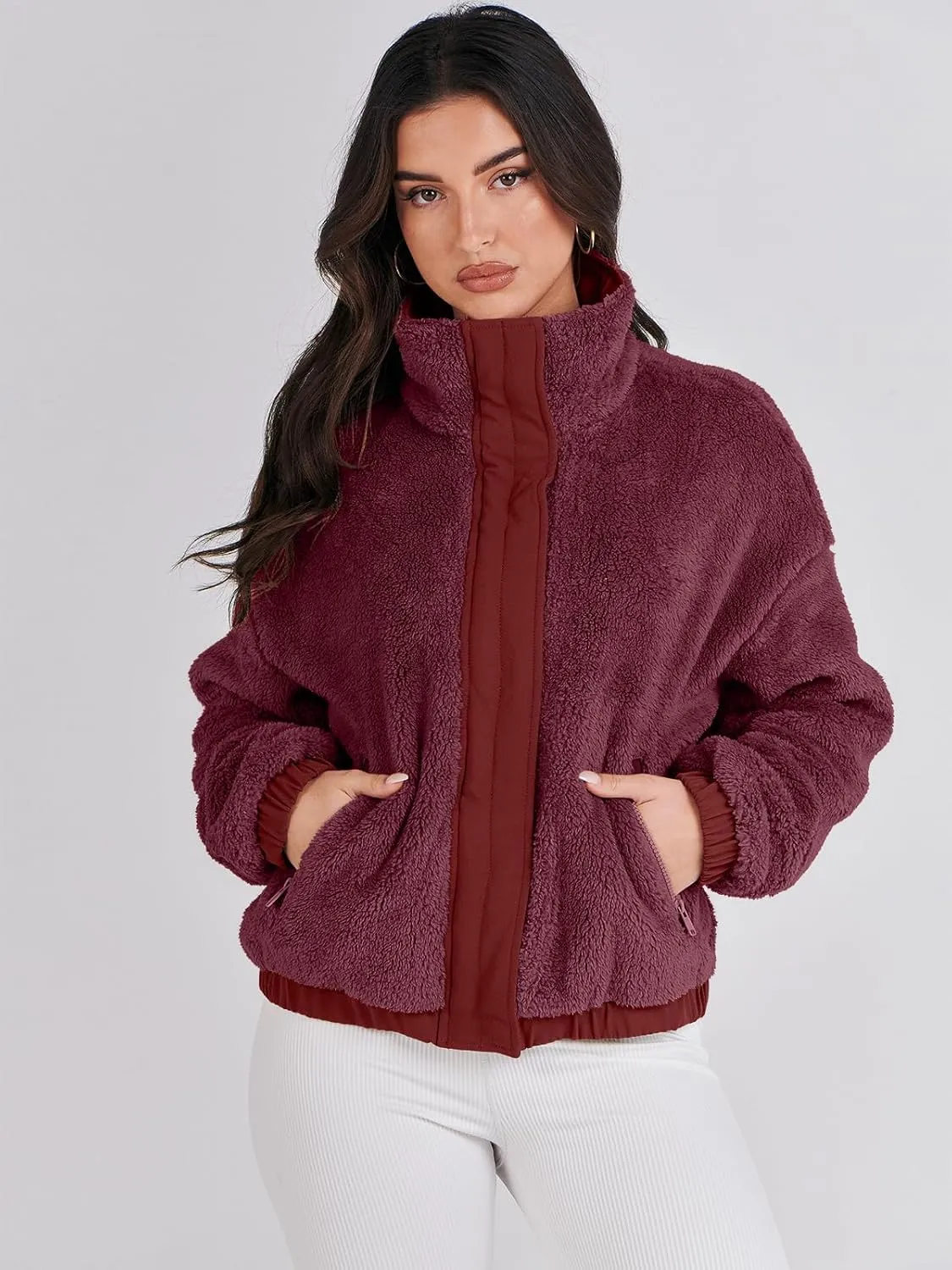 ANRABESS Womens Fleece Jacket Casual Long Sleeve Cropped Sherpa Button Down Fuzzy Warm Coats Fall Outwear With Pockets
