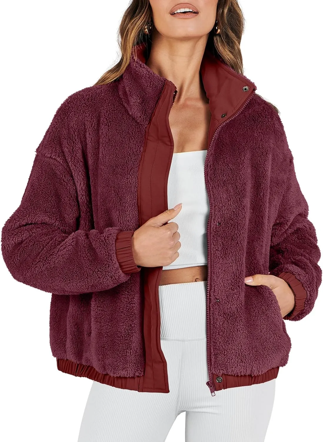 ANRABESS Womens Fleece Jacket Casual Long Sleeve Cropped Sherpa Button Down Fuzzy Warm Coats Fall Outwear With Pockets