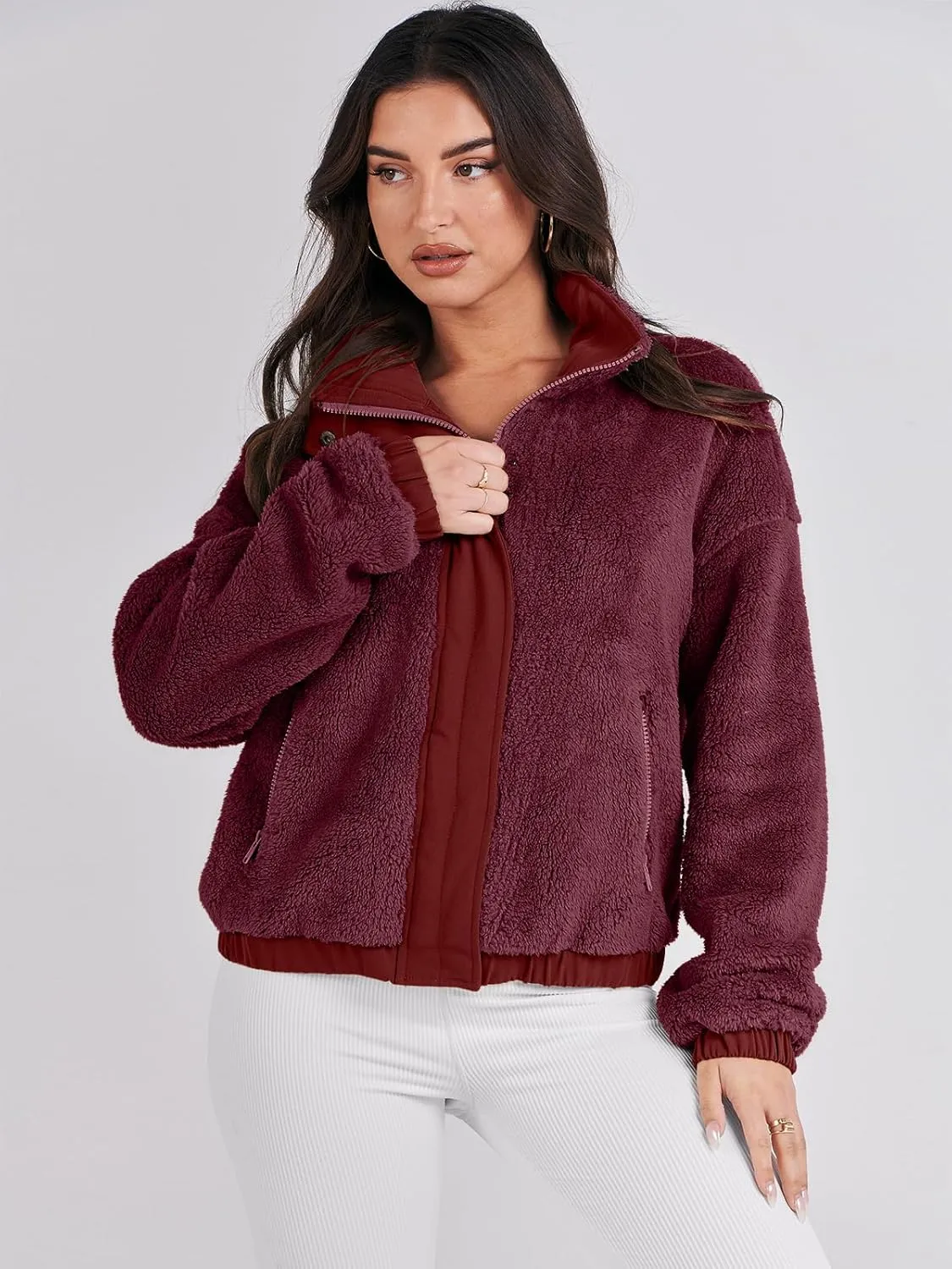 ANRABESS Womens Fleece Jacket Casual Long Sleeve Cropped Sherpa Button Down Fuzzy Warm Coats Fall Outwear With Pockets