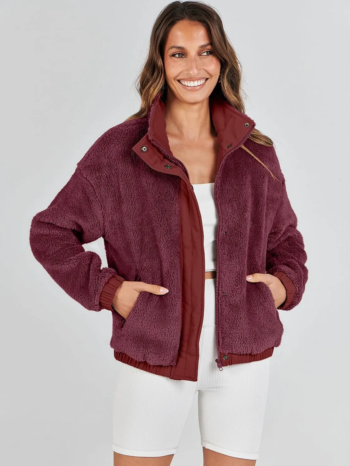 ANRABESS Womens Fleece Jacket Casual Long Sleeve Cropped Sherpa Button Down Fuzzy Warm Coats Fall Outwear With Pockets