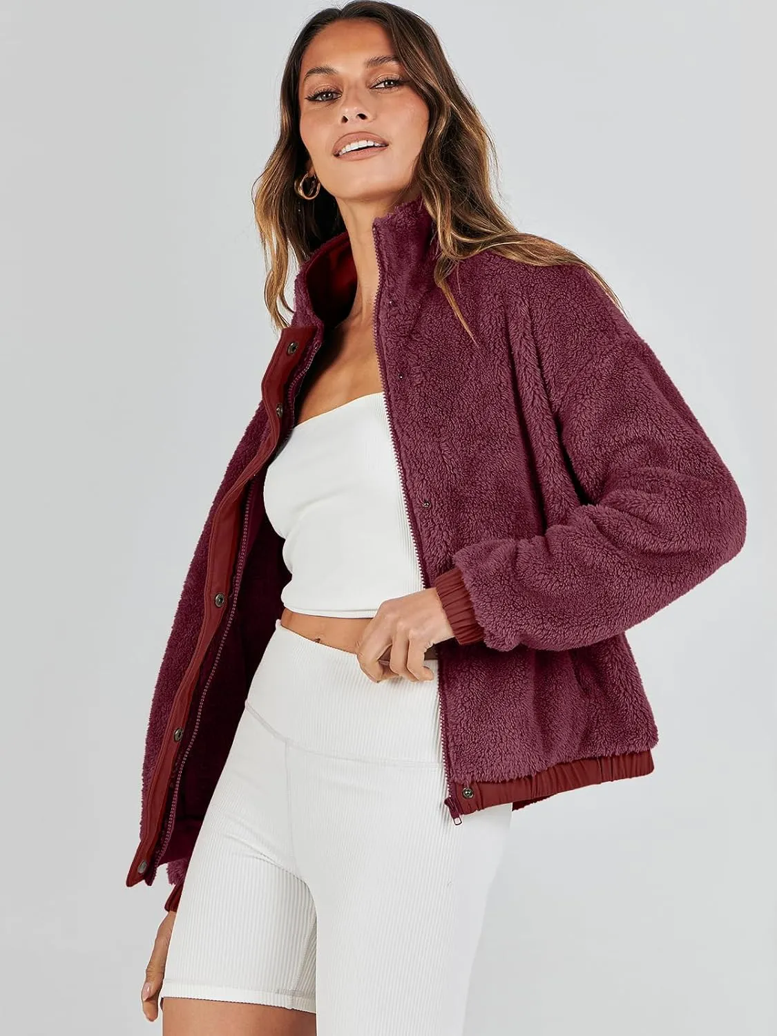ANRABESS Womens Fleece Jacket Casual Long Sleeve Cropped Sherpa Button Down Fuzzy Warm Coats Fall Outwear With Pockets