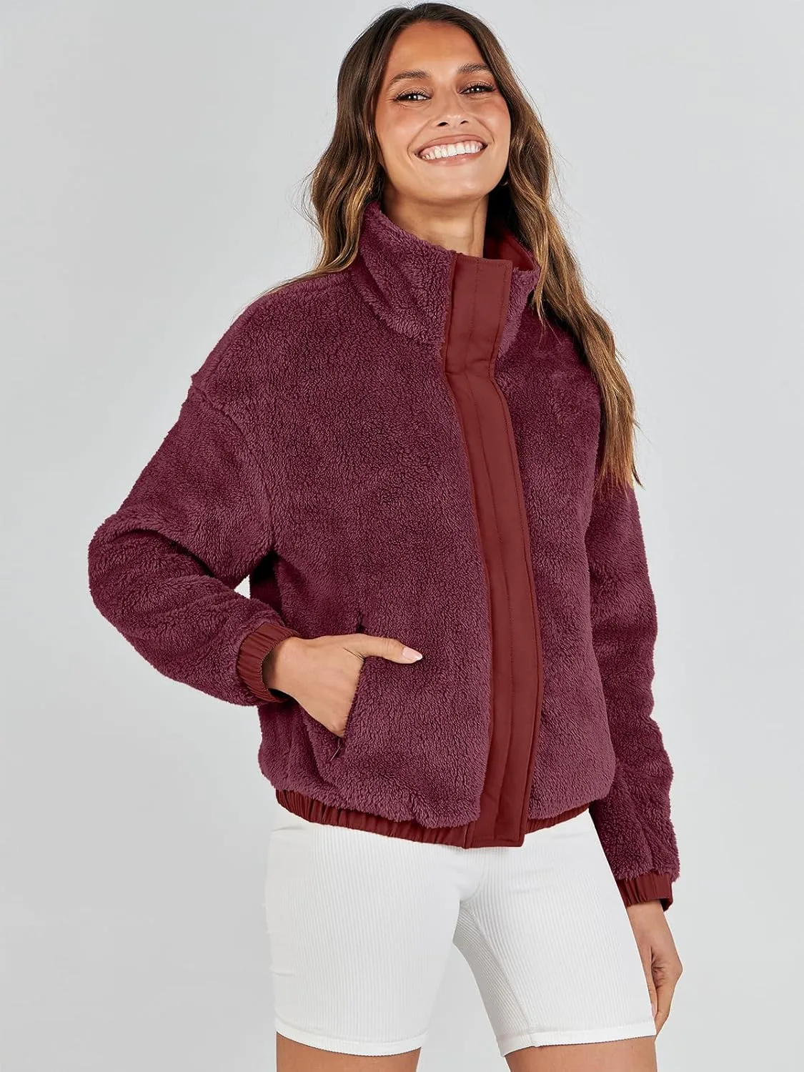 ANRABESS Womens Fleece Jacket Casual Long Sleeve Cropped Sherpa Button Down Fuzzy Warm Coats Fall Outwear With Pockets