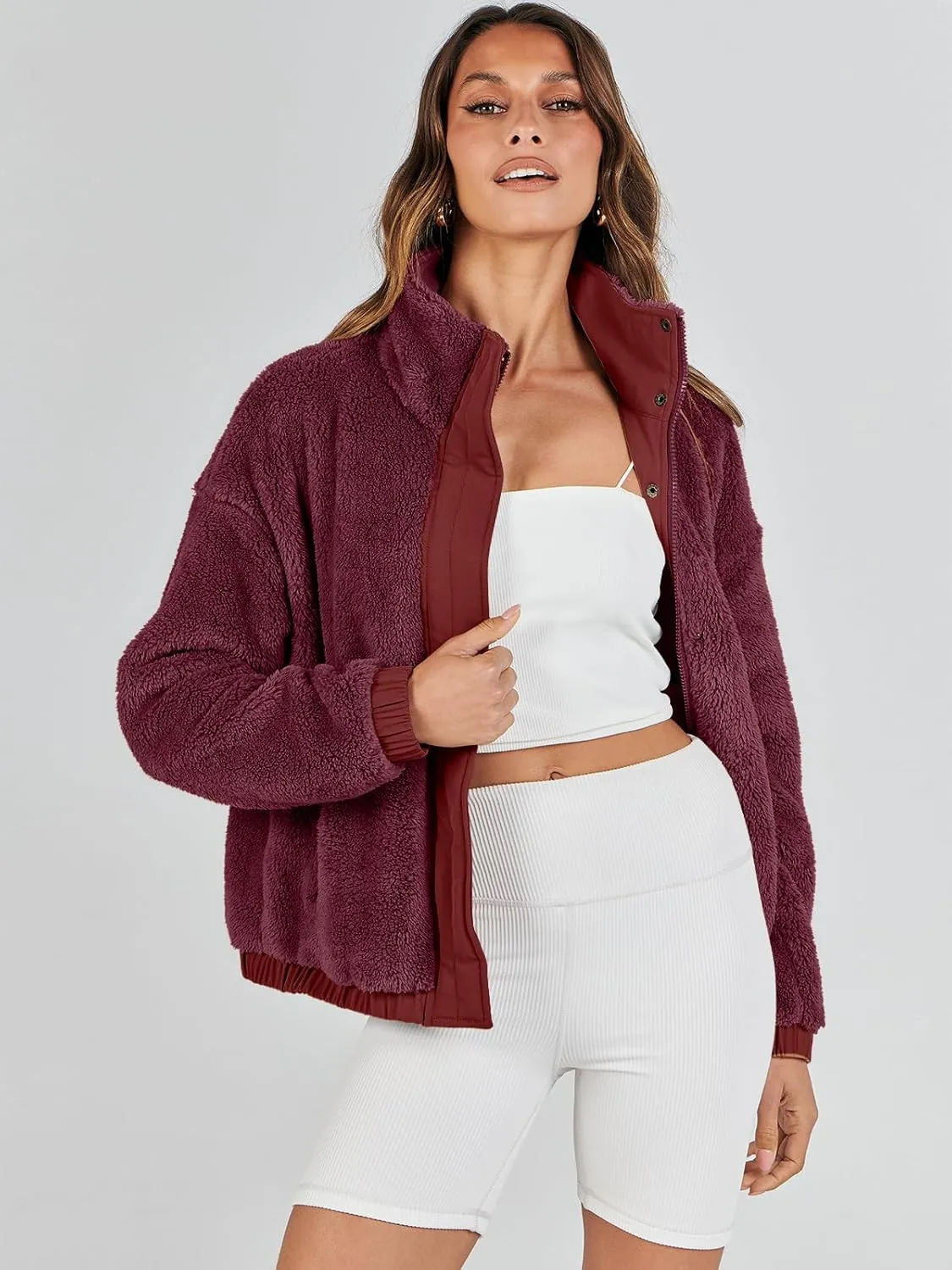 ANRABESS Womens Fleece Jacket Casual Long Sleeve Cropped Sherpa Button Down Fuzzy Warm Coats Fall Outwear With Pockets