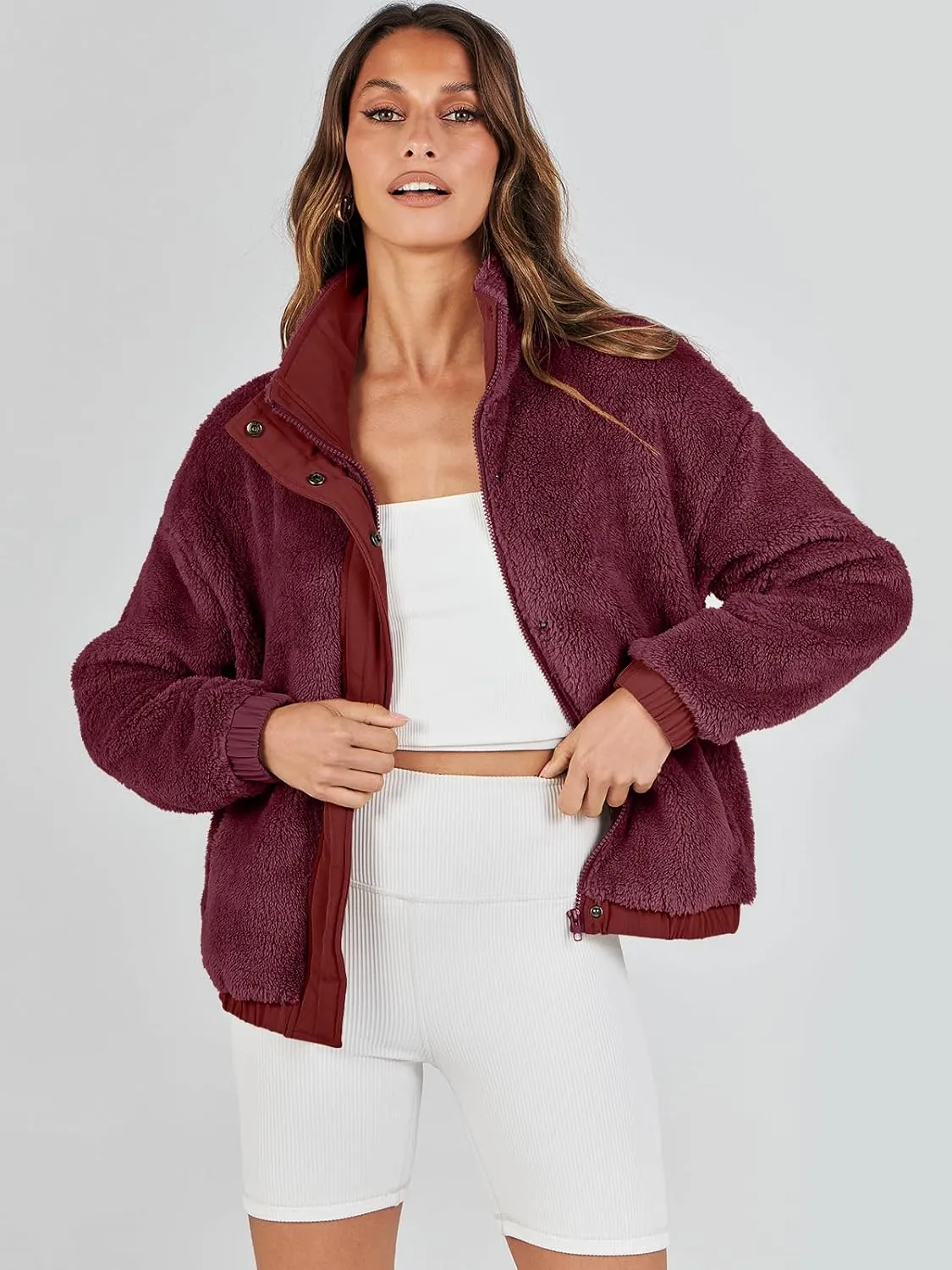 ANRABESS Womens Fleece Jacket Casual Long Sleeve Cropped Sherpa Button Down Fuzzy Warm Coats Fall Outwear With Pockets