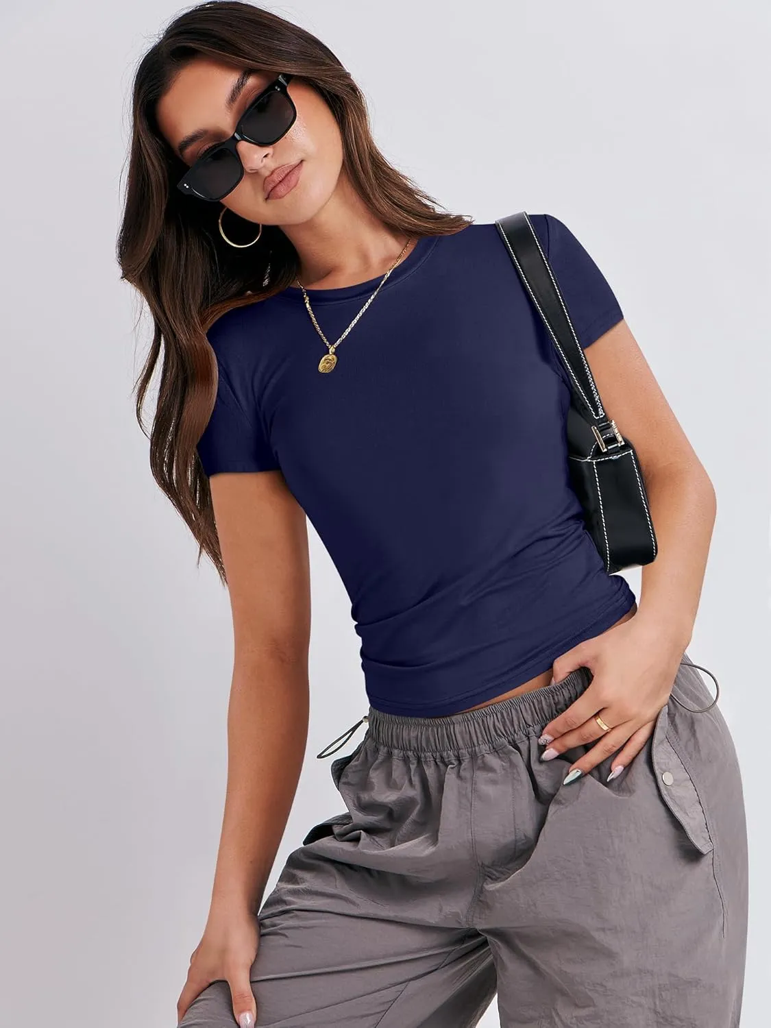 ANRABESS Womens Short Sleeve Summer T Shirts Crew Neck Slim Fit Basic Tees 2025 Crop Tops Y2k Clothes Outfits