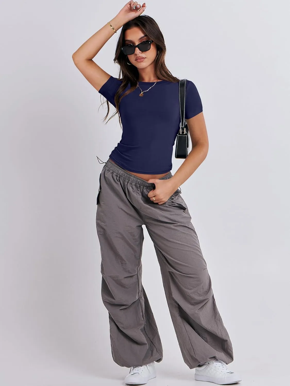 ANRABESS Womens Short Sleeve Summer T Shirts Crew Neck Slim Fit Basic Tees 2025 Crop Tops Y2k Clothes Outfits