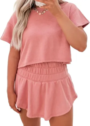 Apvirdy 2 Piece Sets Outfits for Women Crew Neck Short Sleeve Cropped Tee and Ruffle High Waist Skort Set 2025 Summer
