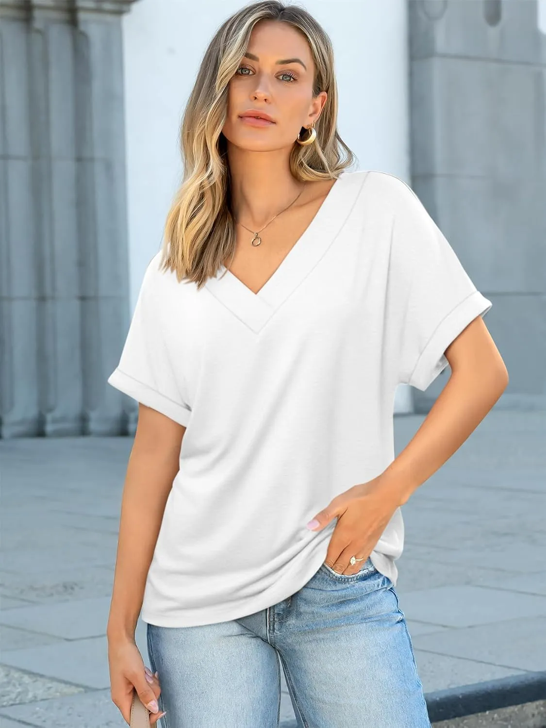 ATHMILE V Neck T Shirts for Women Summer Tops Soft Casual Short Sleeve Cute Basic Trendy Outfits 2025