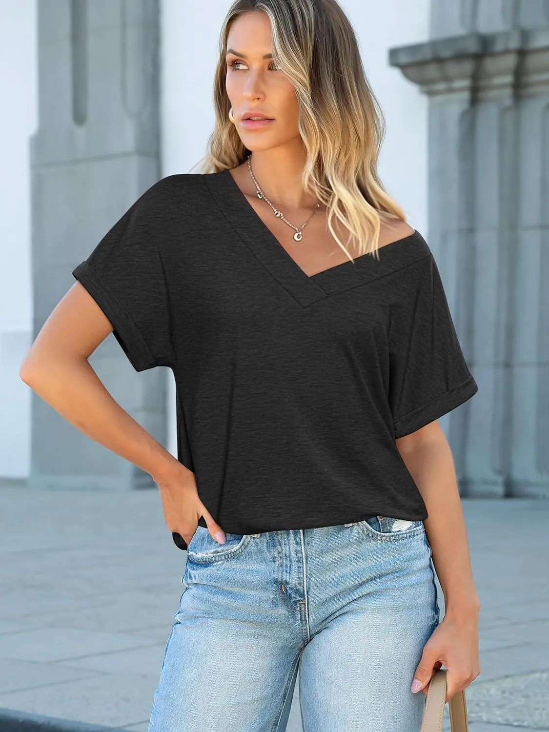 ATHMILE V Neck T Shirts for Women Summer Tops Soft Casual Short Sleeve Cute Basic Trendy Outfits 2025