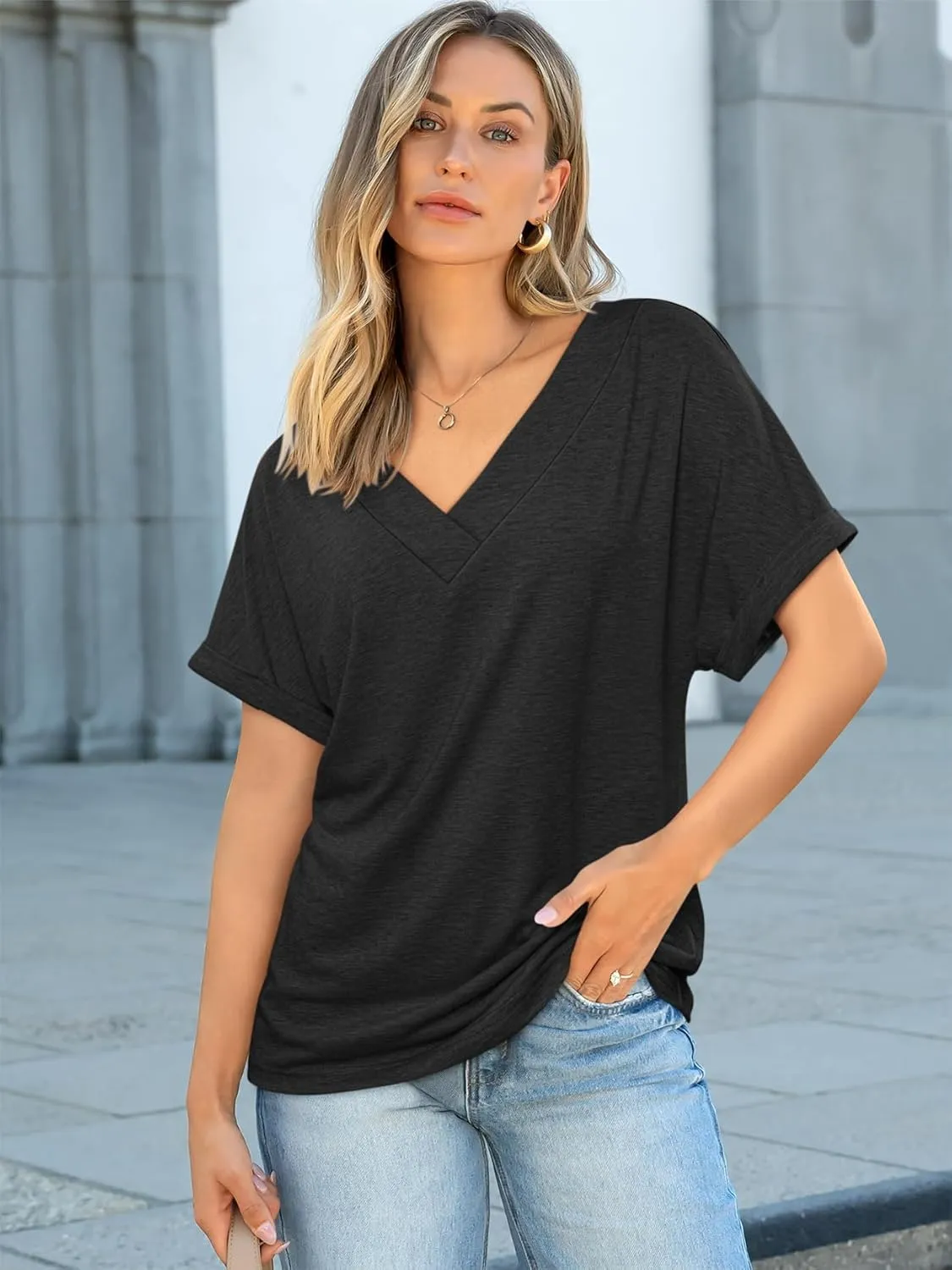 ATHMILE V Neck T Shirts for Women Summer Tops Soft Casual Short Sleeve Cute Basic Trendy Outfits 2025
