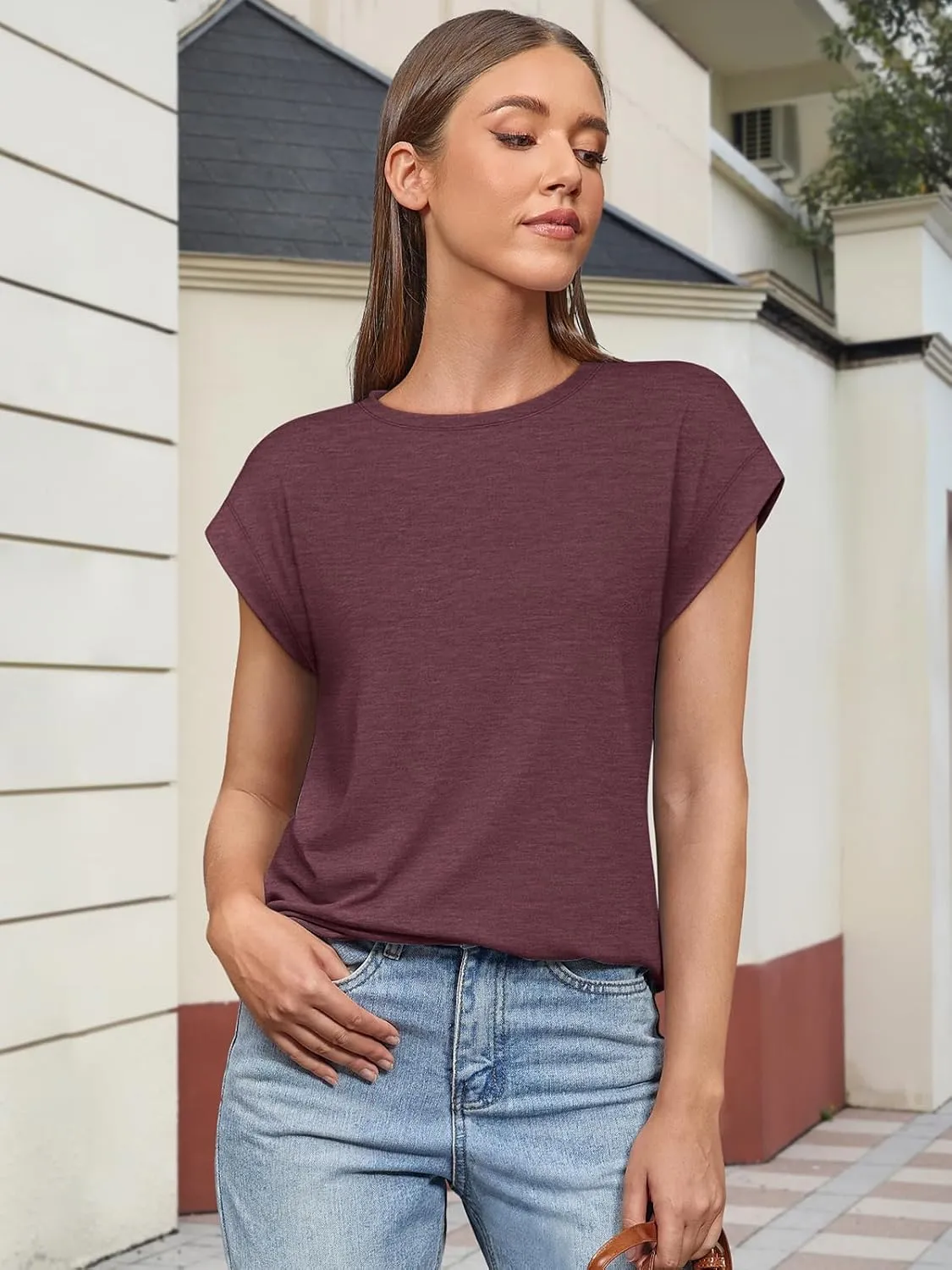 ATHMILE Womens Tops Summer Basic T Shirts Business Casual Loose Fit Cap Sleeve Tee Cute Clothes Trendy Fashion Outfits