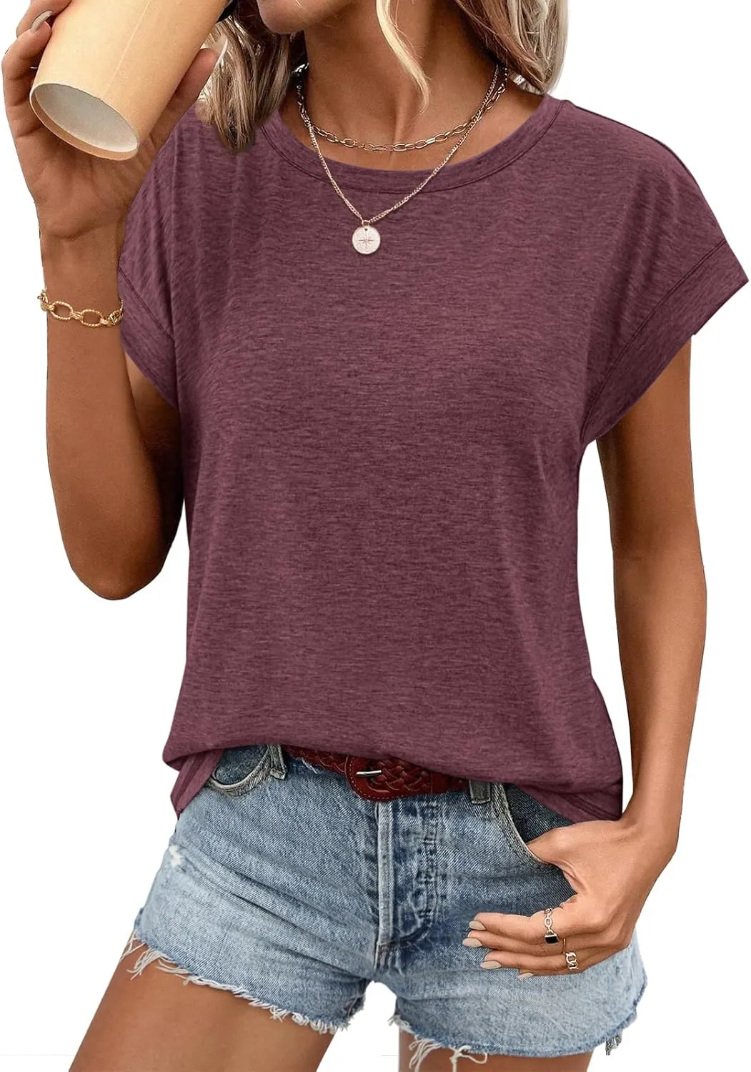 ATHMILE Womens Tops Summer Basic T Shirts Business Casual Loose Fit Cap Sleeve Tee Cute Clothes Trendy Fashion Outfits