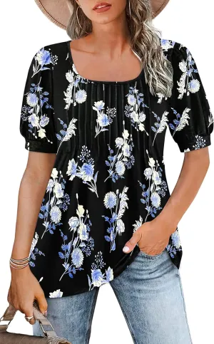 AUSELILY Womens Summer T Shirts Dressy Puff Short Sleeve Tunic Tops Pleated Square Neck Summer Top 2025 Trendy