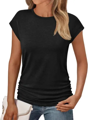AUTOMET Womens Casual Summer Tops Dressy Cap Sleeve Spring T Shirts Ruched Business Fashion Trendy Clothes Outfits 2025
