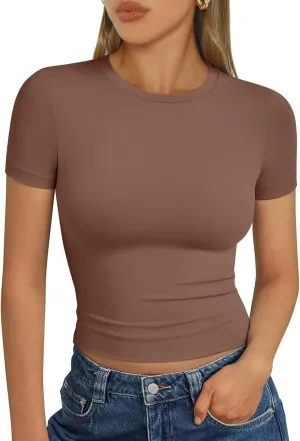 AUTOMET Womens Short Sleeve T Shirts Basic Summer 2025 Workout Tops Crew Neck Gym Crop Tops Trendy Y2K Clothes