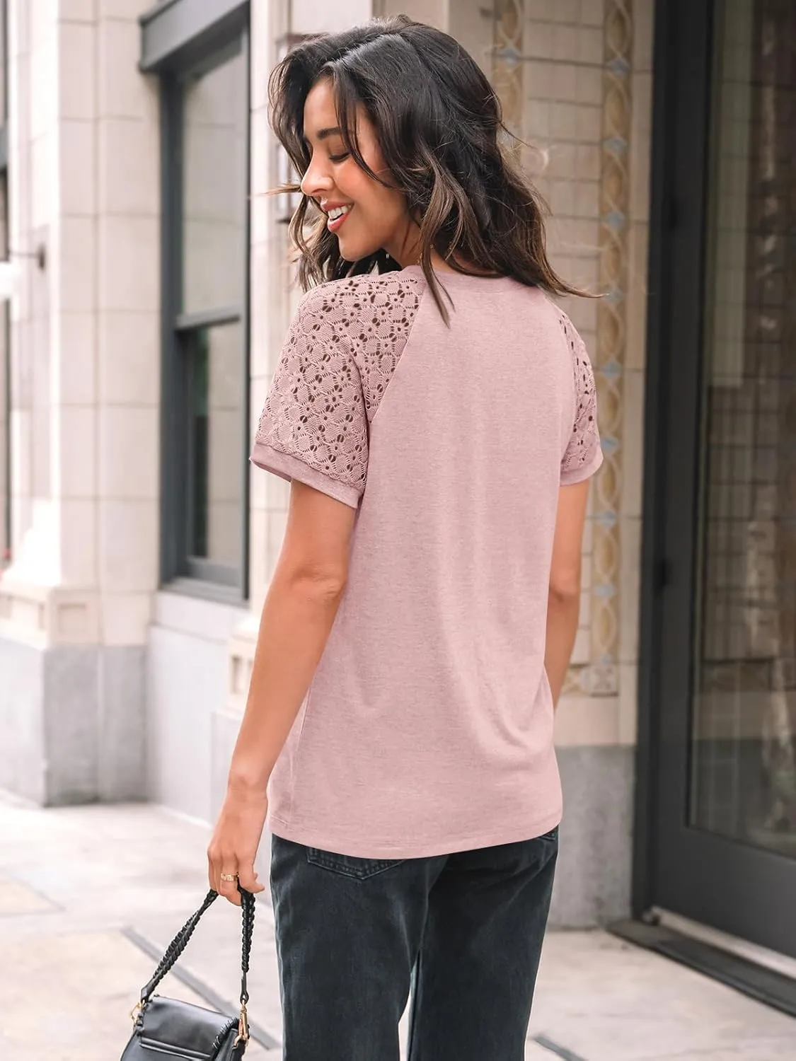 AUTOMET Womens T Shirts Lace Tops Fashion Short Sleeve Trendy Business Casual Dressy Knitted Summer Clothes 2025