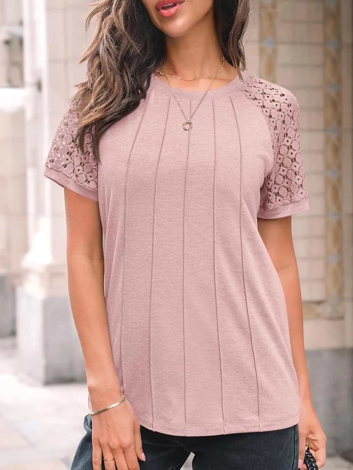 AUTOMET Womens T Shirts Lace Tops Fashion Short Sleeve Trendy Business Casual Dressy Knitted Summer Clothes 2025