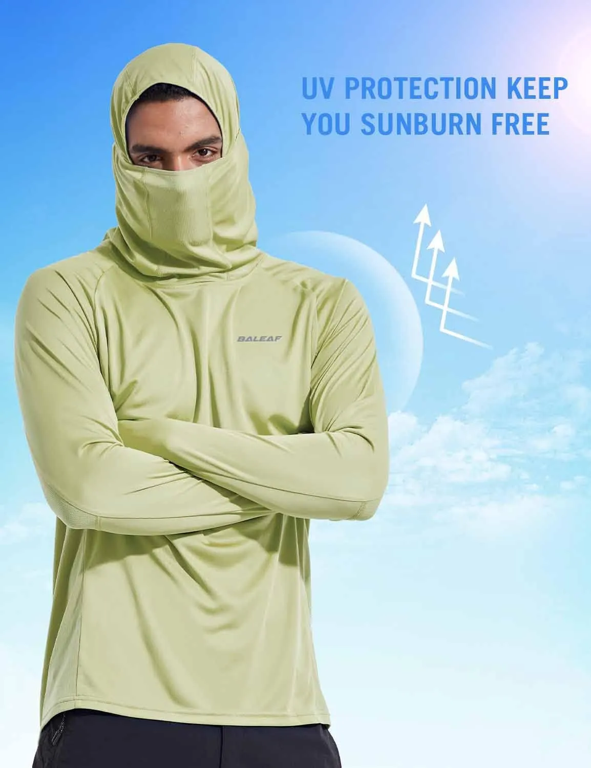 baleaf Men's Sun Protection Hoodie Shirt UPF 50  Long Sleeve UV SPF T-Shirts with Mask Rash Guard Fishing Lightweight