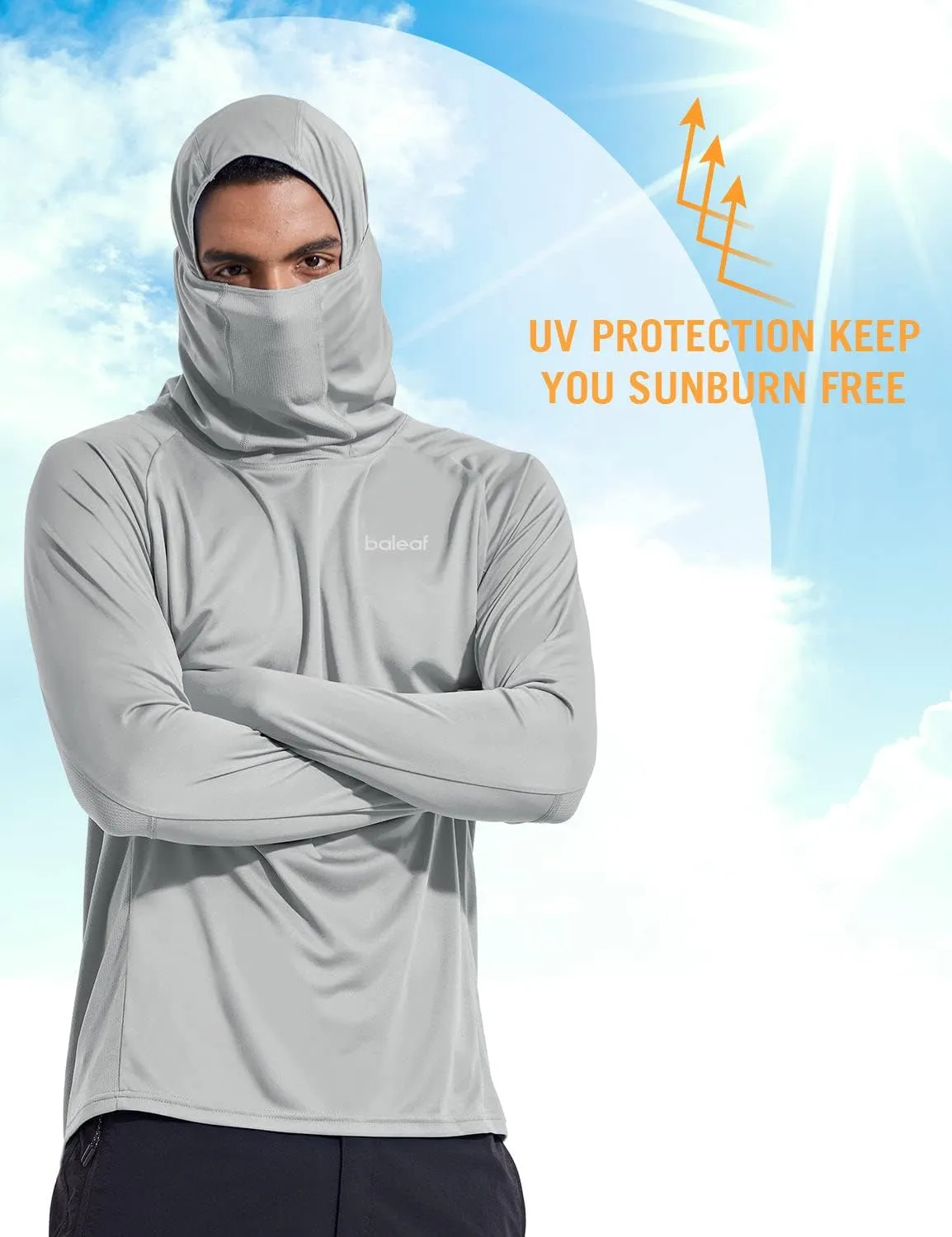 baleaf Men's Sun Protection Hoodie Shirt UPF 50  Long Sleeve UV SPF T-Shirts with Mask Rash Guard Fishing Lightweight