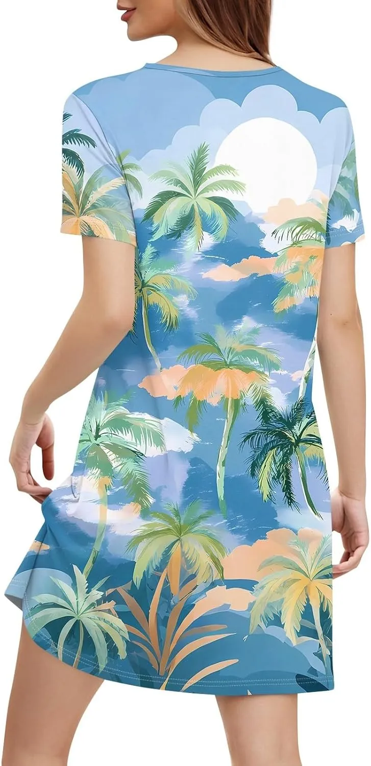 Beach Vocation Clothes for Women Casual Sundress Summer Beach Dress Floral T-Shirts Dress V Neck Loose Dresses