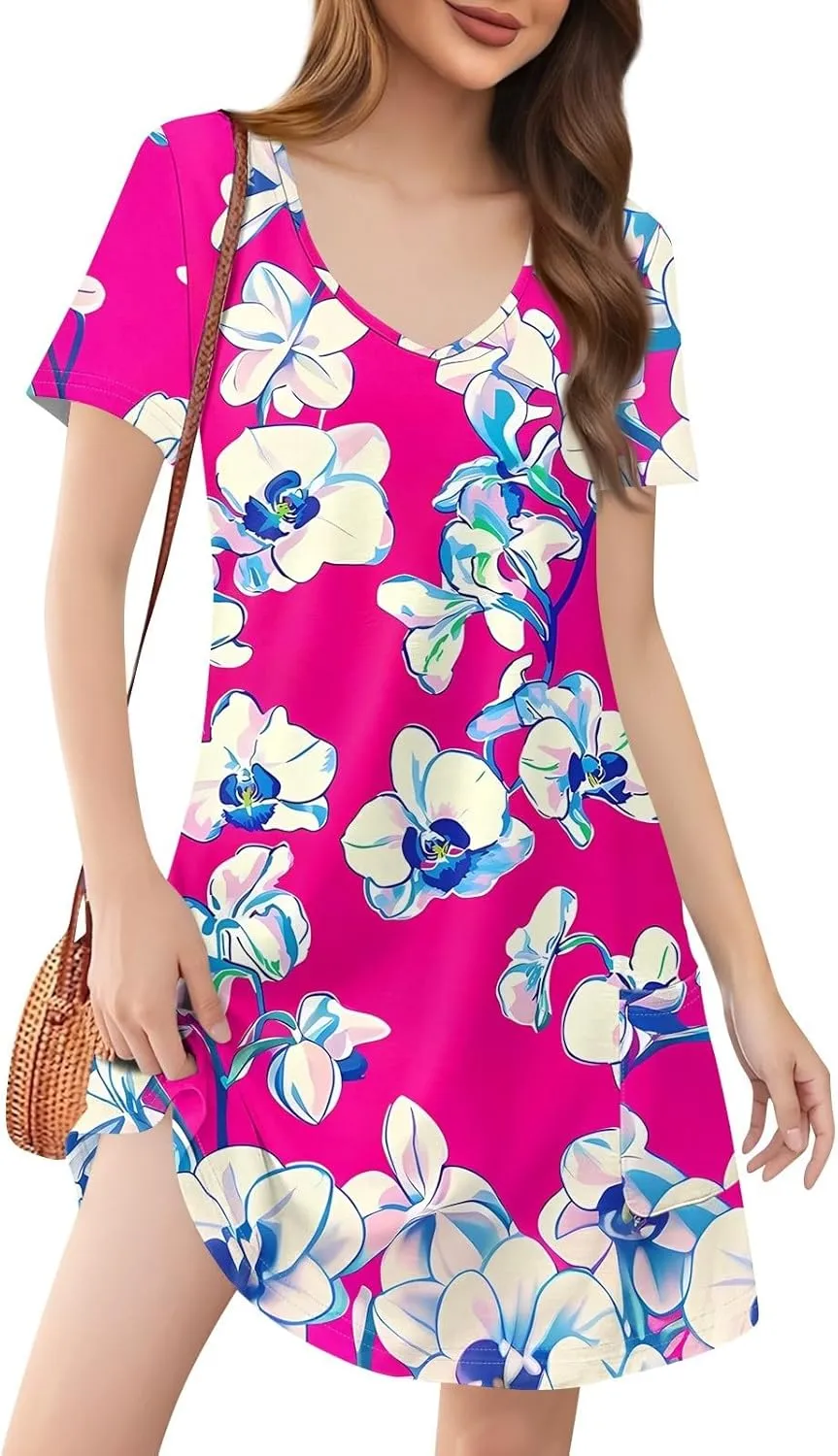 Beach Vocation Clothes for Women Casual Sundress Summer Beach Dress Floral T-Shirts Dress V Neck Loose Dresses