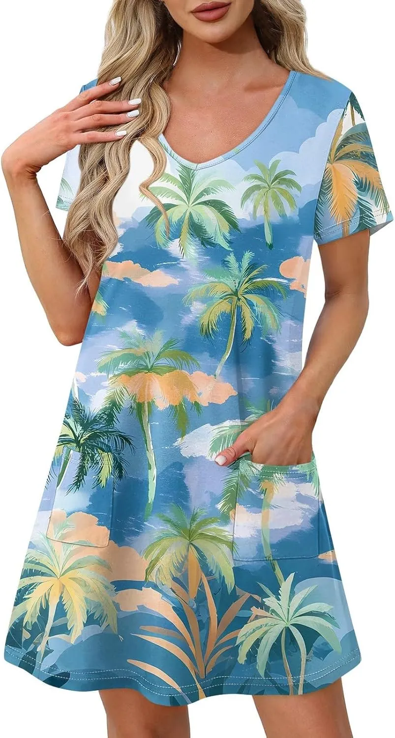 Beach Vocation Clothes for Women Casual Sundress Summer Beach Dress Floral T-Shirts Dress V Neck Loose Dresses