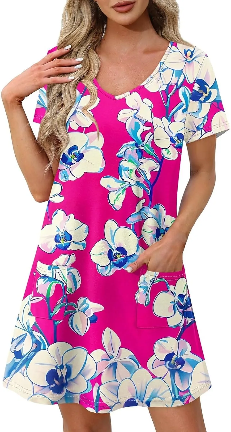Beach Vocation Clothes for Women Casual Sundress Summer Beach Dress Floral T-Shirts Dress V Neck Loose Dresses