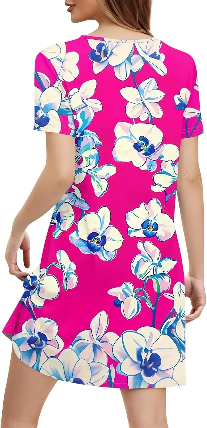 Beach Vocation Clothes for Women Casual Sundress Summer Beach Dress Floral T-Shirts Dress V Neck Loose Dresses