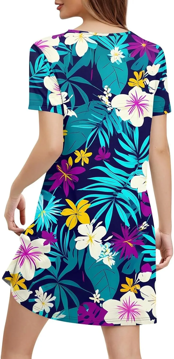 Beach Vocation Clothes for Women Casual Sundress Summer Beach Dress Floral T-Shirts Dress V Neck Loose Dresses