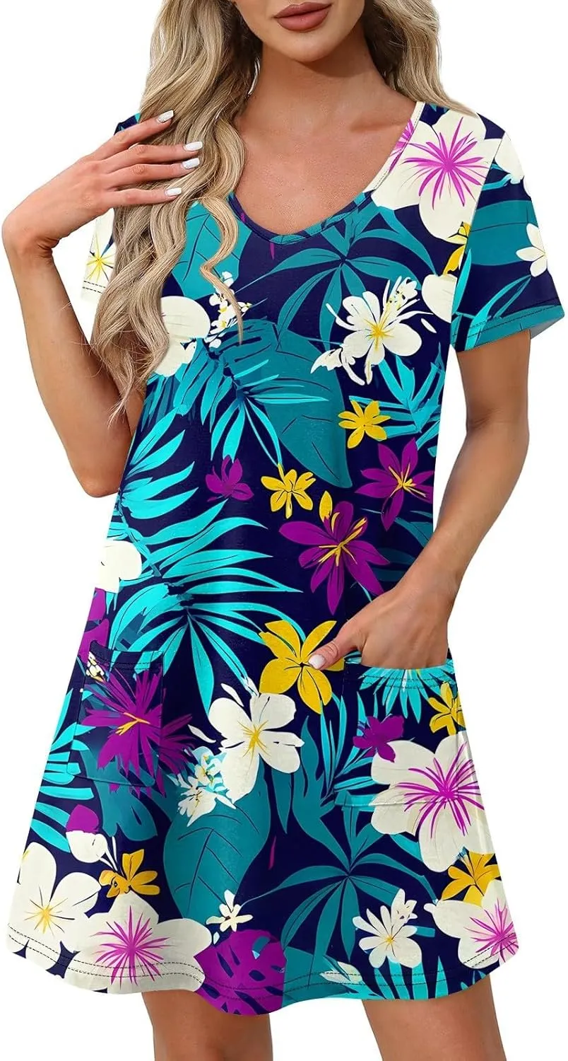 Beach Vocation Clothes for Women Casual Sundress Summer Beach Dress Floral T-Shirts Dress V Neck Loose Dresses