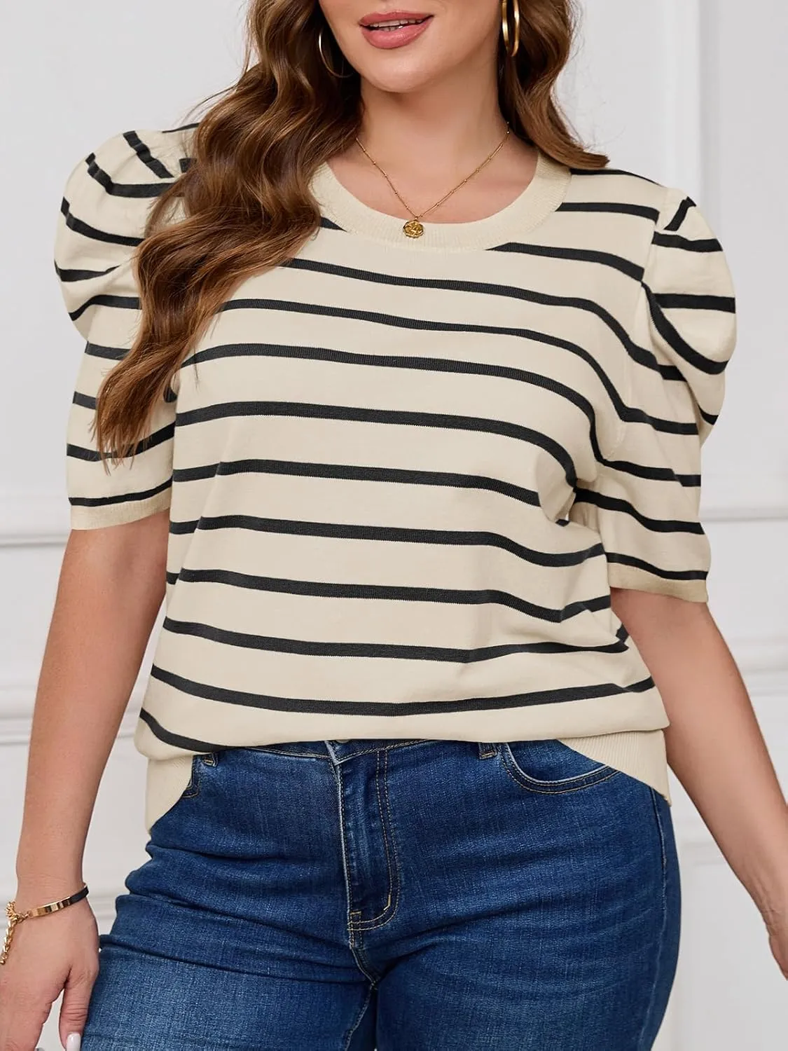 Beautife Womens Plus Size Short Puff Sleeve Sweater Tops Lightweight Striped T Shirts Summer Casual Crew Neck Knit Pullover