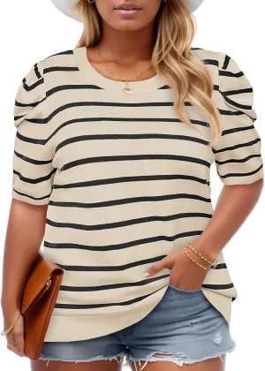 Beautife Womens Plus Size Short Puff Sleeve Sweater Tops Lightweight Striped T Shirts Summer Casual Crew Neck Knit Pullover