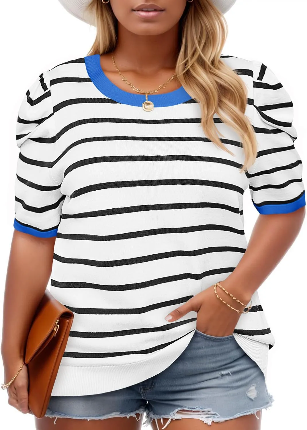 Beautife Womens Plus Size Short Puff Sleeve Sweater Tops Lightweight Striped T Shirts Summer Casual Crew Neck Knit Pullover