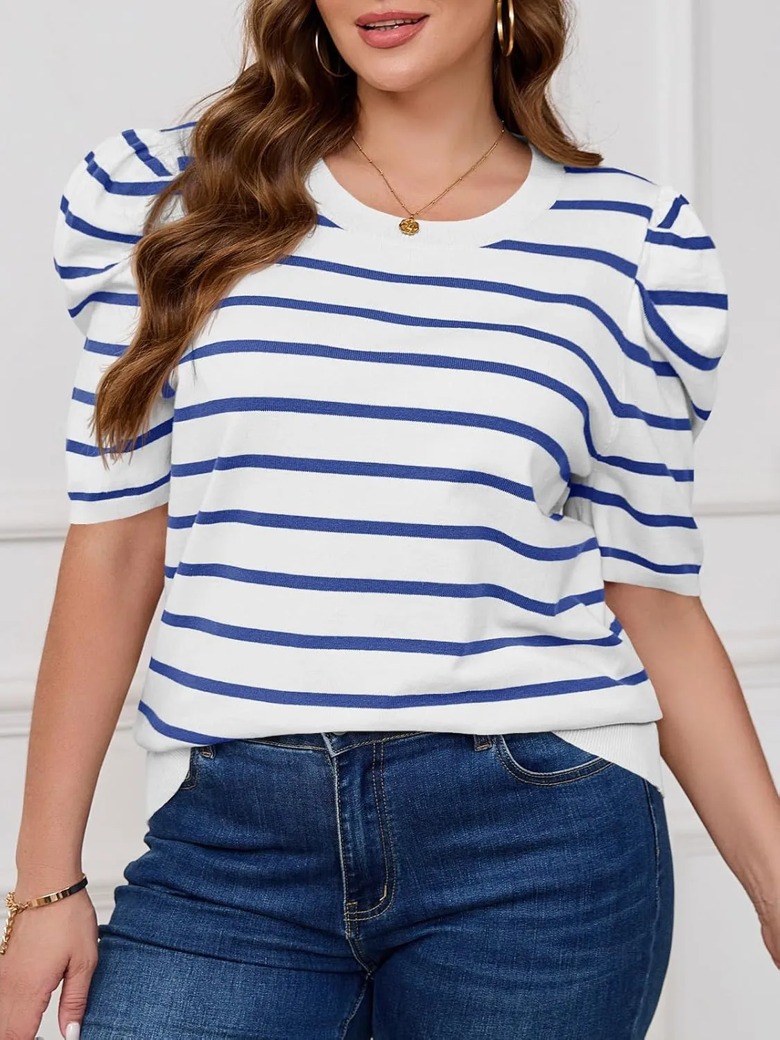 Beautife Womens Plus Size Short Puff Sleeve Sweater Tops Lightweight Striped T Shirts Summer Casual Crew Neck Knit Pullover