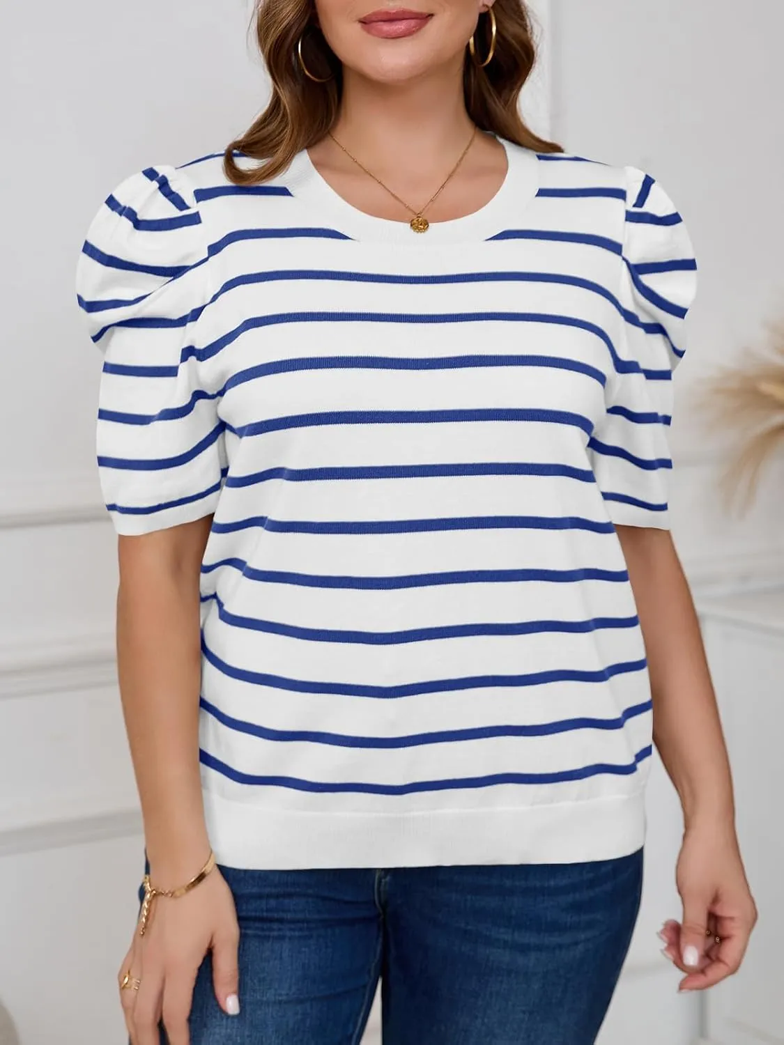 Beautife Womens Plus Size Short Puff Sleeve Sweater Tops Lightweight Striped T Shirts Summer Casual Crew Neck Knit Pullover