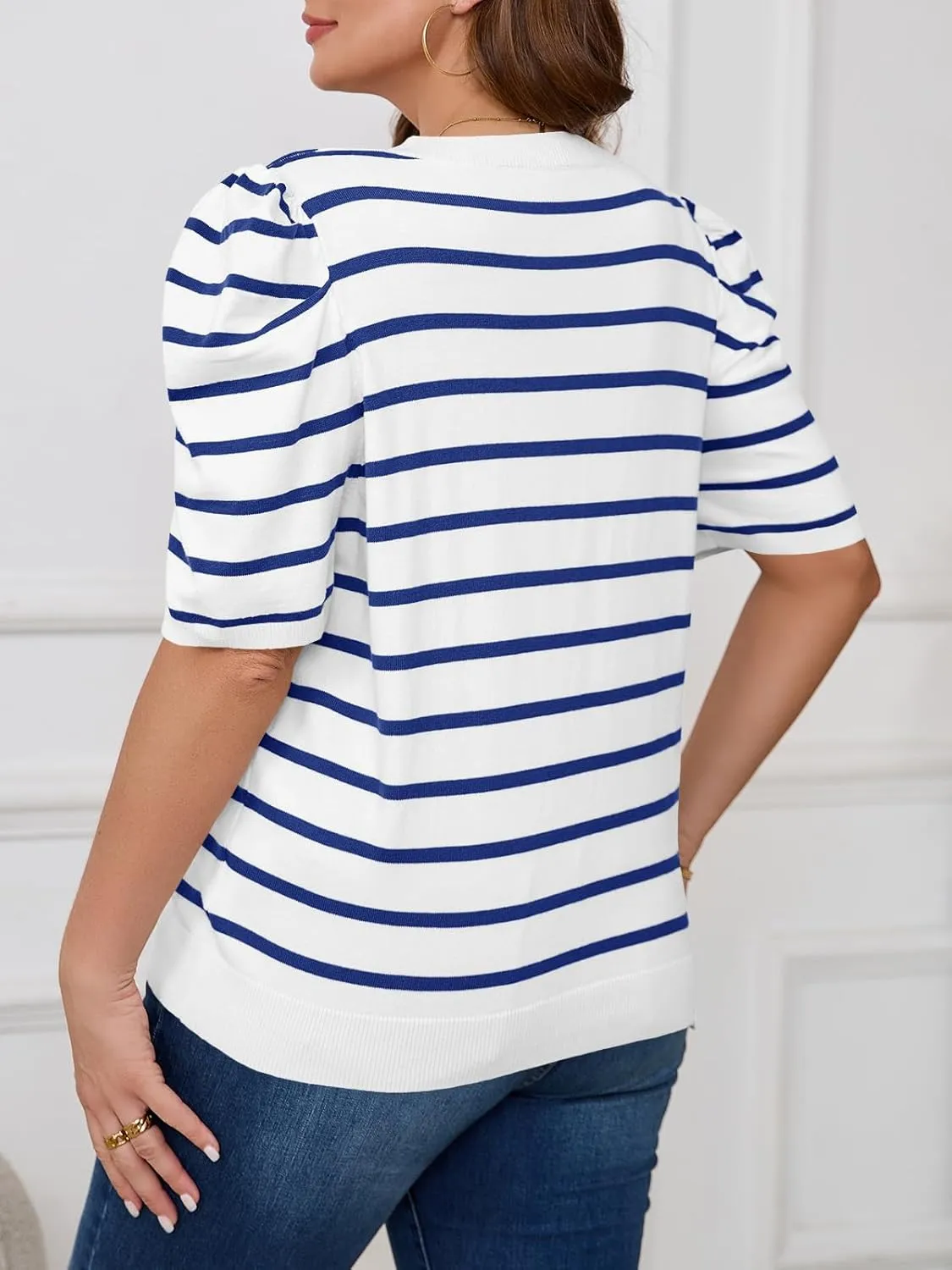 Beautife Womens Plus Size Short Puff Sleeve Sweater Tops Lightweight Striped T Shirts Summer Casual Crew Neck Knit Pullover