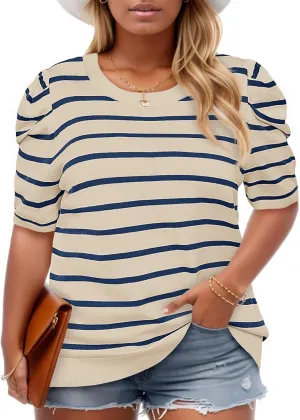 Beautife Womens Plus Size Short Puff Sleeve Sweater Tops Lightweight Striped T Shirts Summer Casual Crew Neck Knit Pullover