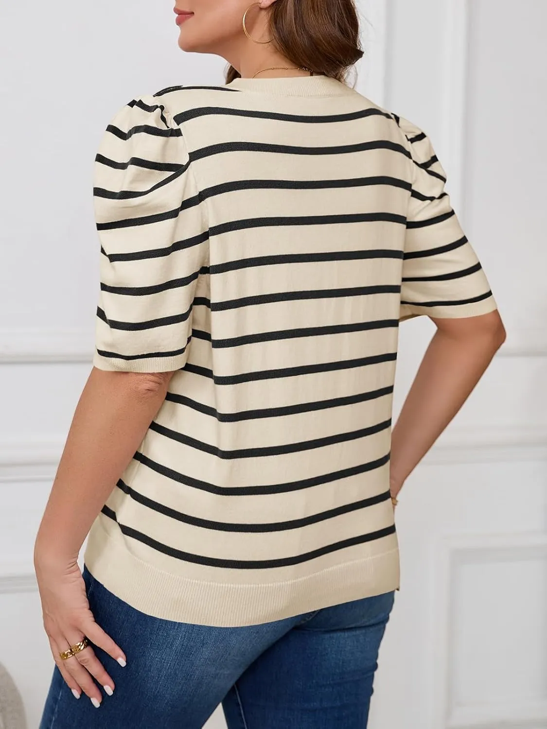 Beautife Womens Plus Size Short Puff Sleeve Sweater Tops Lightweight Striped T Shirts Summer Casual Crew Neck Knit Pullover