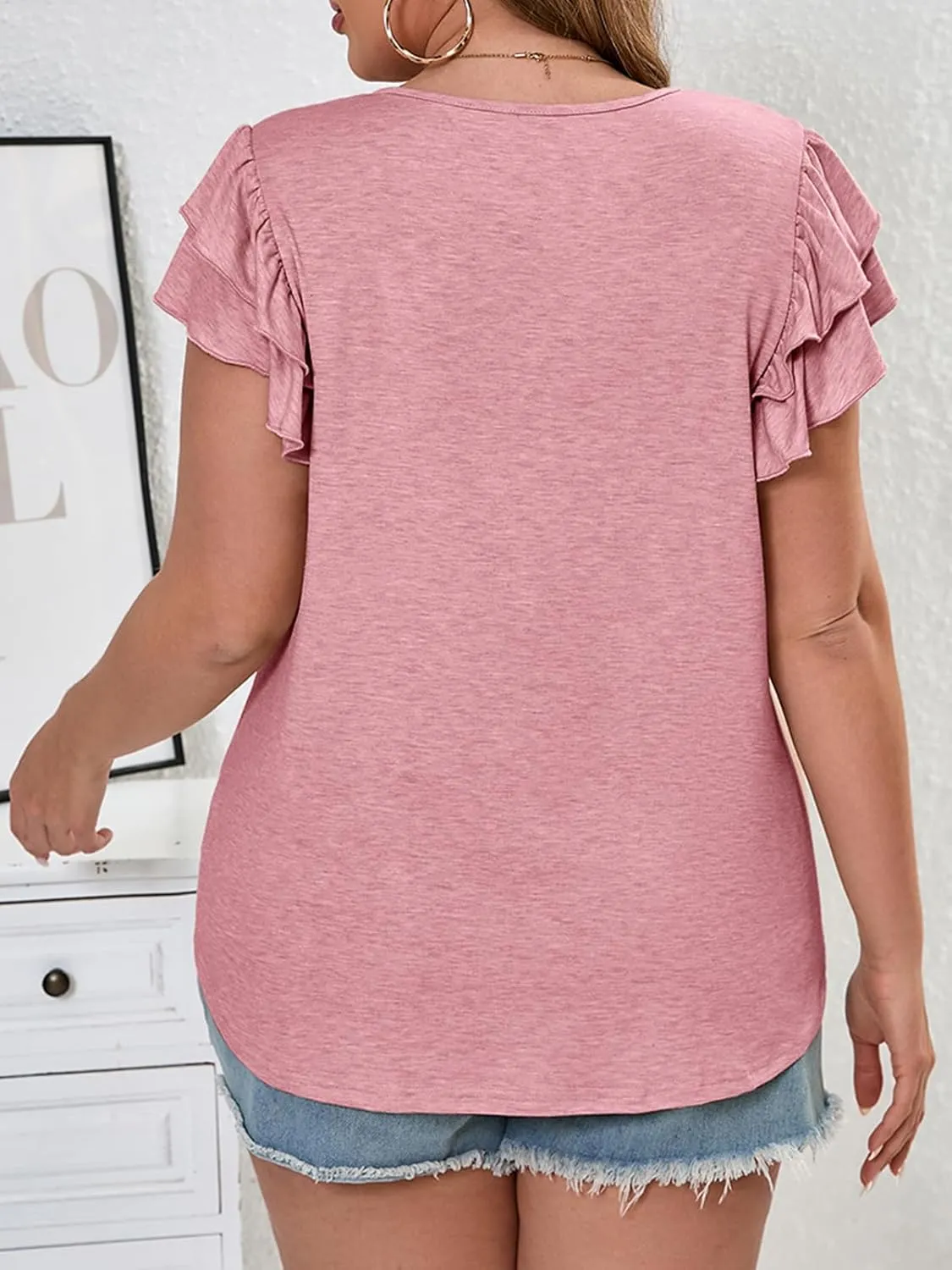 Beautife Womens Plus Size Smocked Ruffle Sleeve T Shirts Summer V Neck Dressy Casual Tunic Tops Loose Fit Curvy Tee
