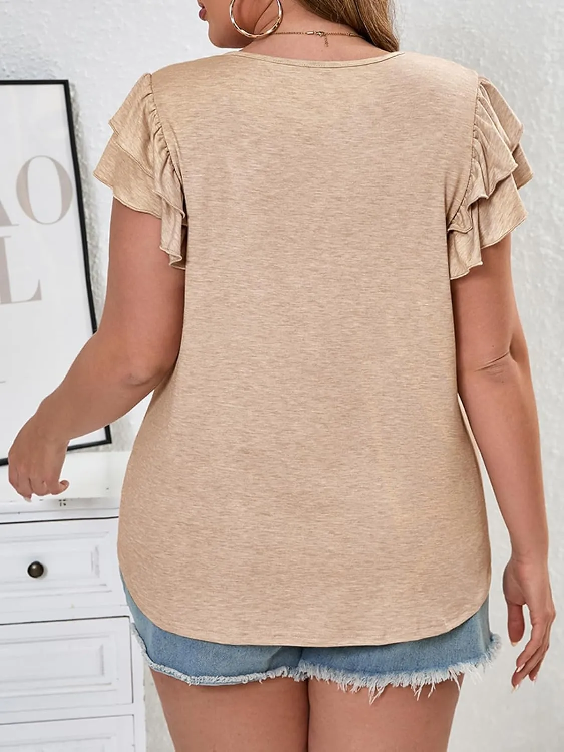 Beautife Womens Plus Size Smocked Ruffle Sleeve T Shirts Summer V Neck Dressy Casual Tunic Tops Loose Fit Curvy Tee