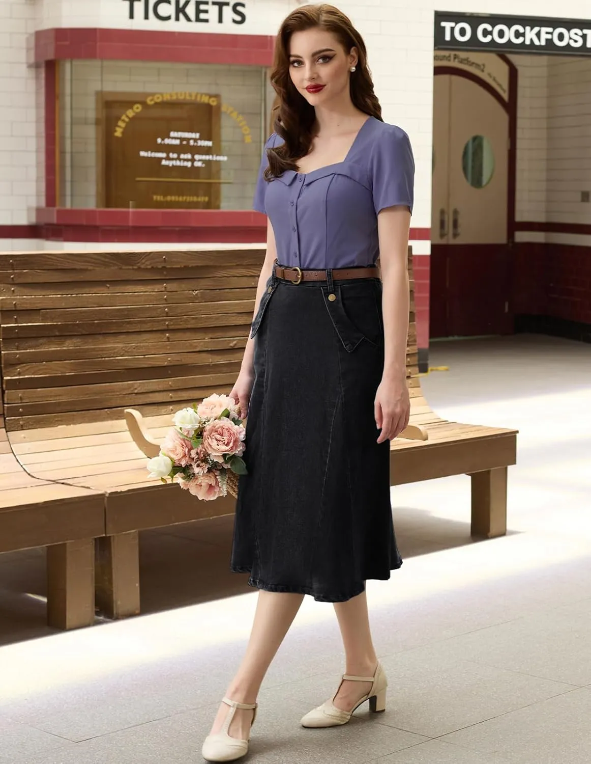 Belle Poque Women's Denim Skirts Vintage Elastic High Waist A-Line Long Maxi Jean Skirts with Pockets