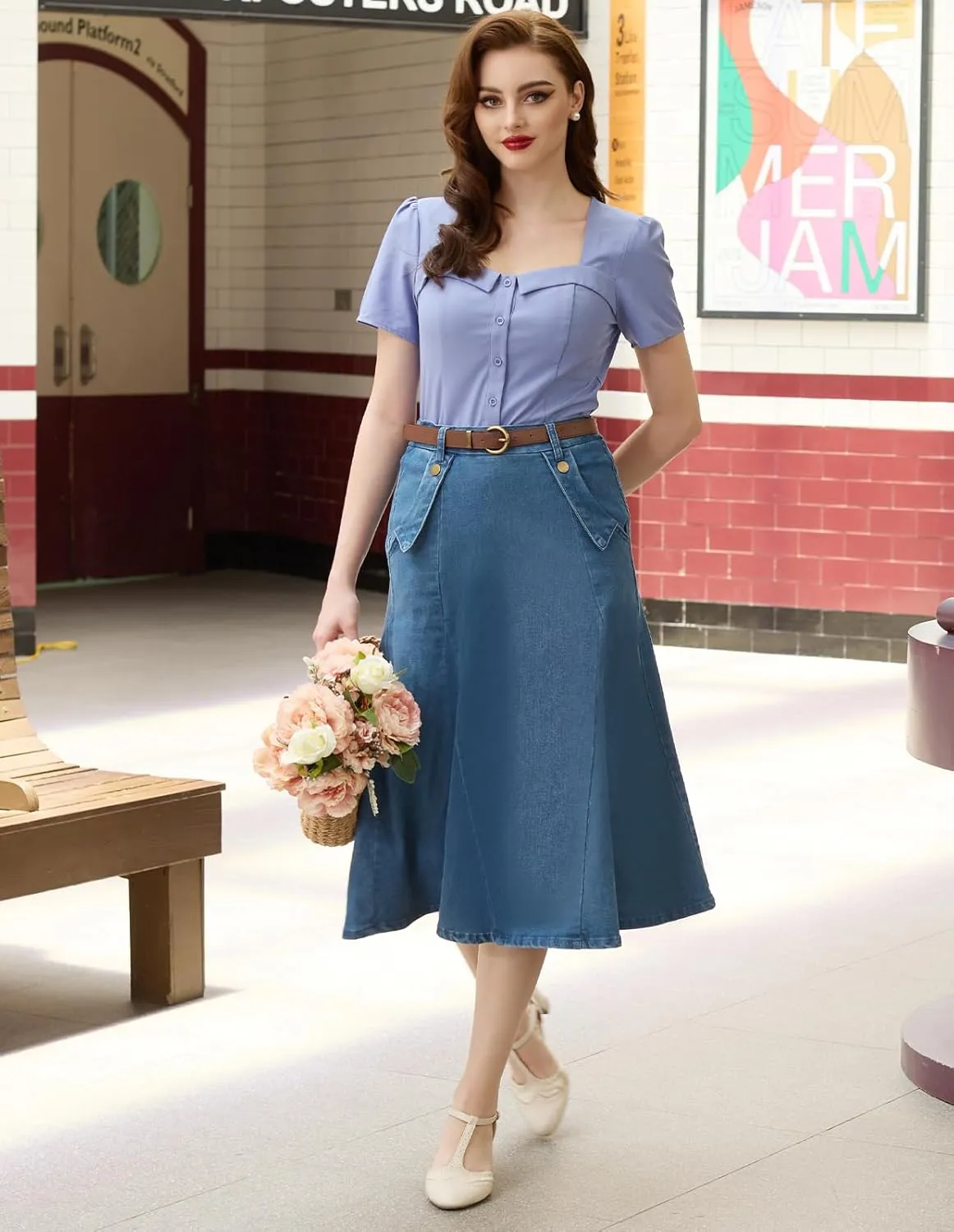 Belle Poque Women's Denim Skirts Vintage Elastic High Waist A-Line Long Maxi Jean Skirts with Pockets
