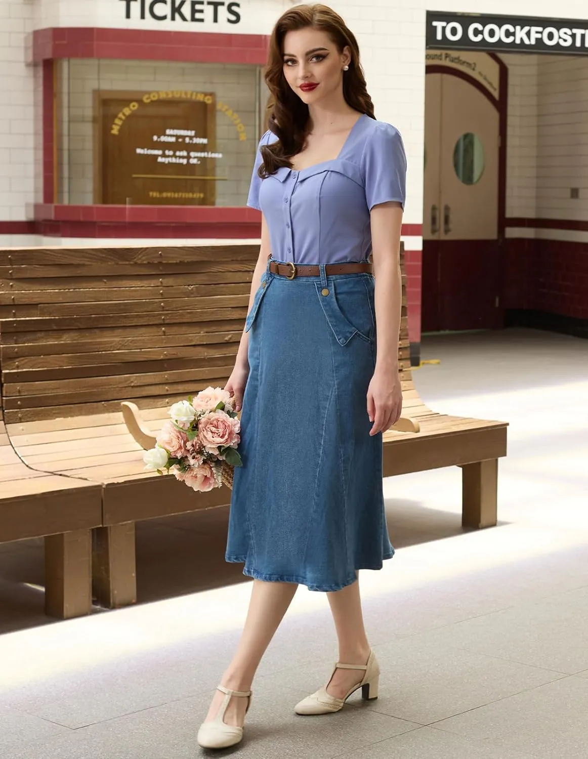 Belle Poque Women's Denim Skirts Vintage Elastic High Waist A-Line Long Maxi Jean Skirts with Pockets