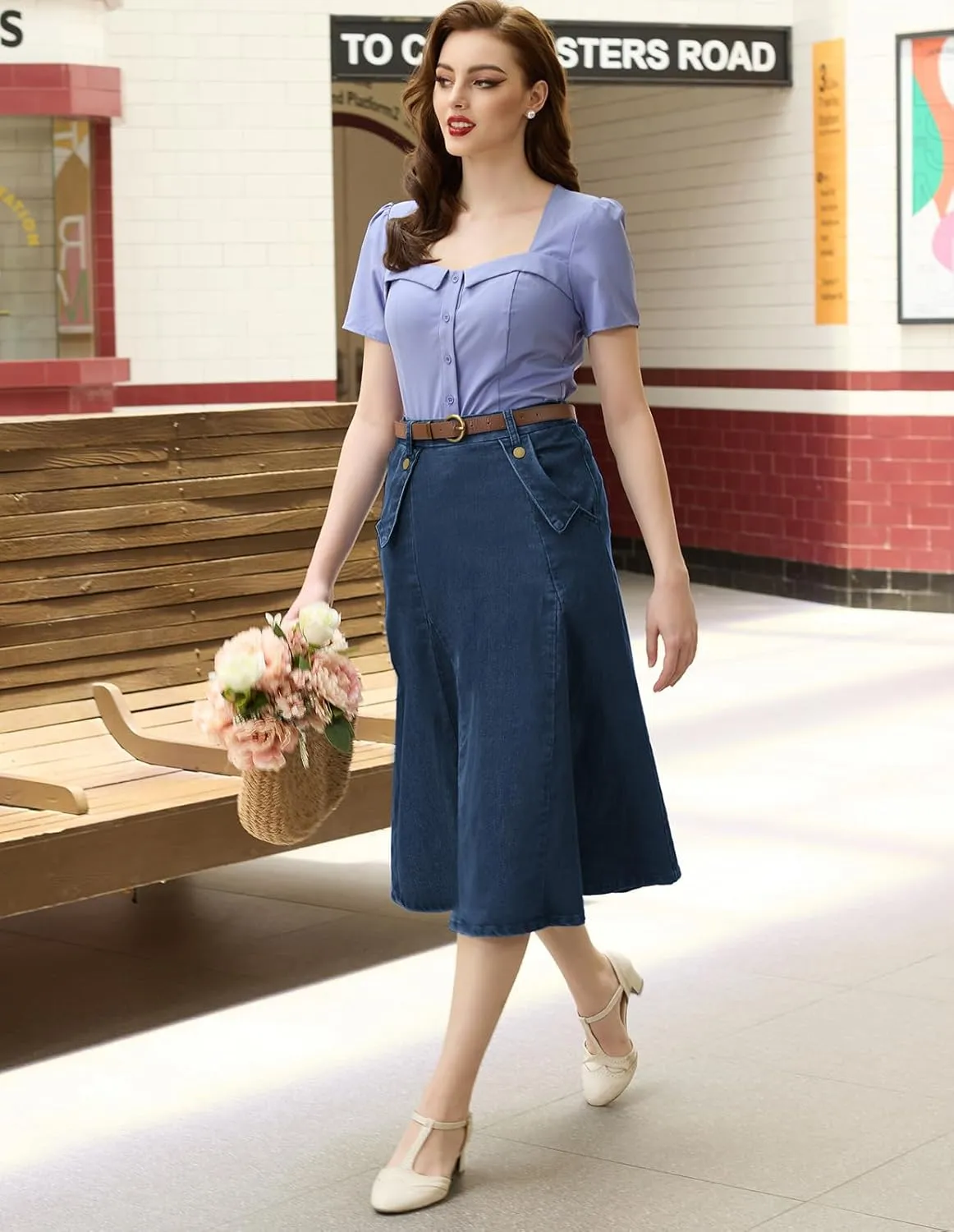 Belle Poque Women's Denim Skirts Vintage Elastic High Waist A-Line Long Maxi Jean Skirts with Pockets